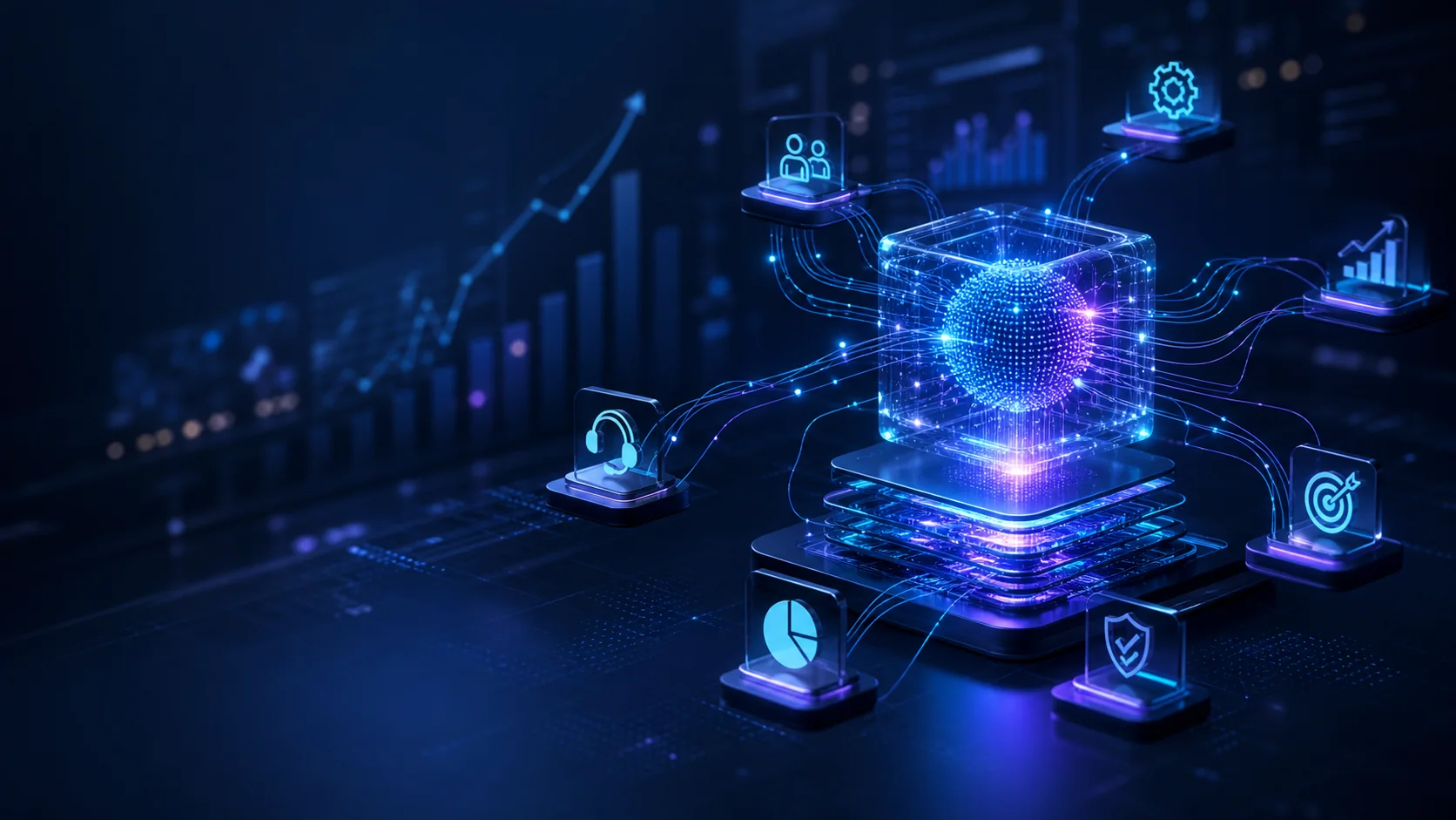AI-powered business workflows connecting growth, customer service, analytics, and secure operations